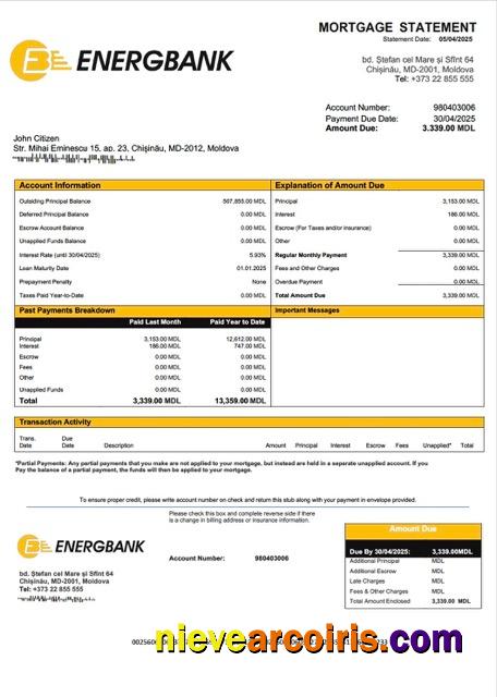 Moldova Energbank mortgage statement Word and PDF template